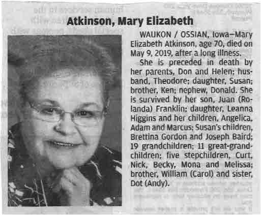 Atkinson, Mary Elizabeth, Obit